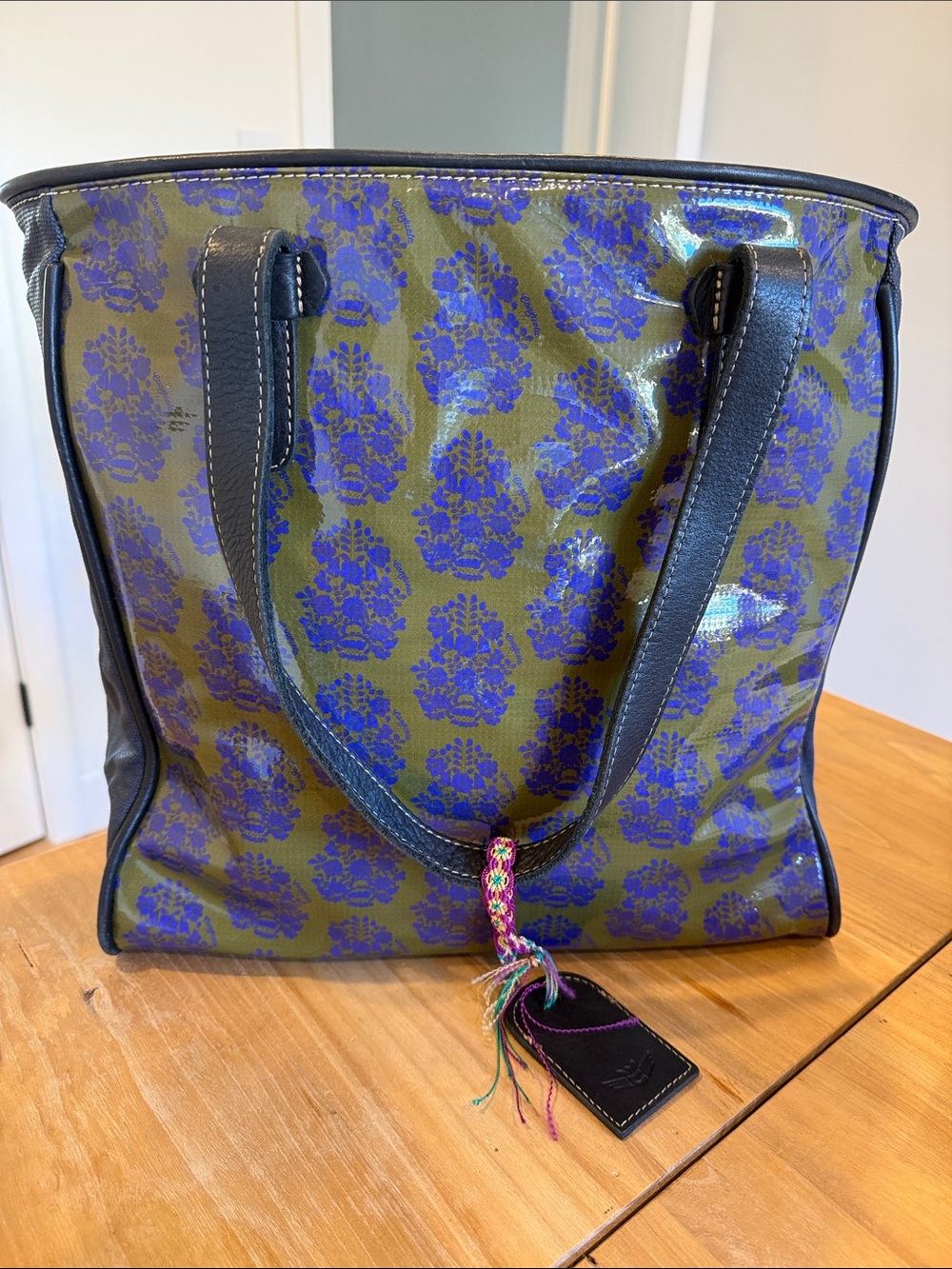 Consuela Olive and Blue Floral Tote with Black Trim and Tassel